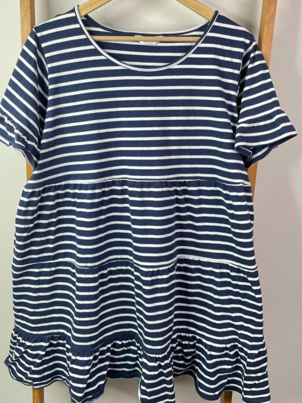 Isobelle Dress Womens 20 Blue Striped Pattern Tiered Short Sleeve Round Neck